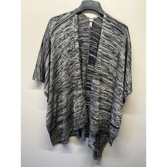Chicos Shawl Open Front Poncho Wrap Beaded One Size Black Gray - Picture 1 of 5